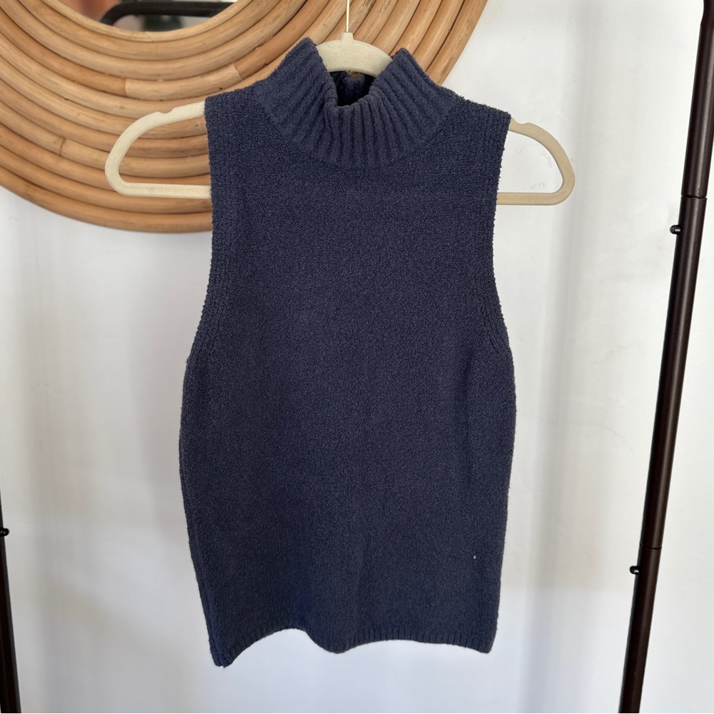 blue fuzzy turtleneck tank top sleeveless